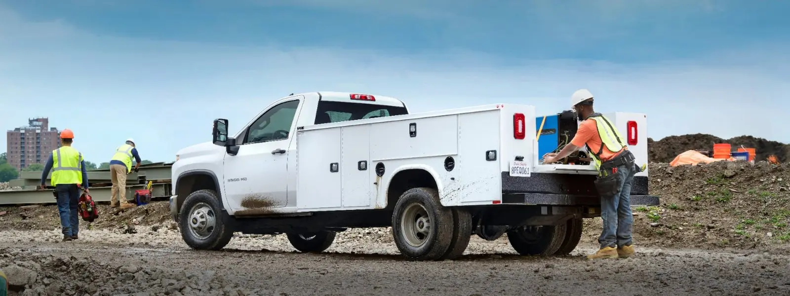 Chevrolet Silverado 3500 HD Chassis Cab with a service body on a work site