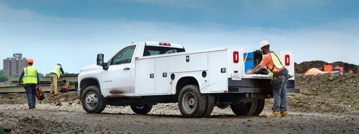 Chevrolet Silverado 3500 HD Chassis Cab with a service body on a work site